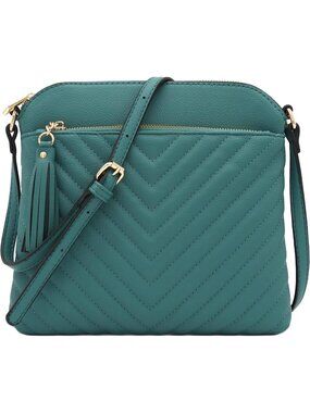 Women's Green Smoke Chevron Quilted Medium Tassel Accent Shoulder Crossbody Bag